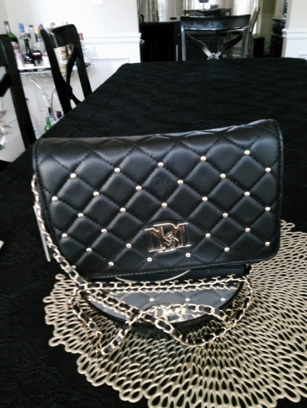 Bagley Mishks Quilted Studded Bag With Gold And Black Crossbody Chain